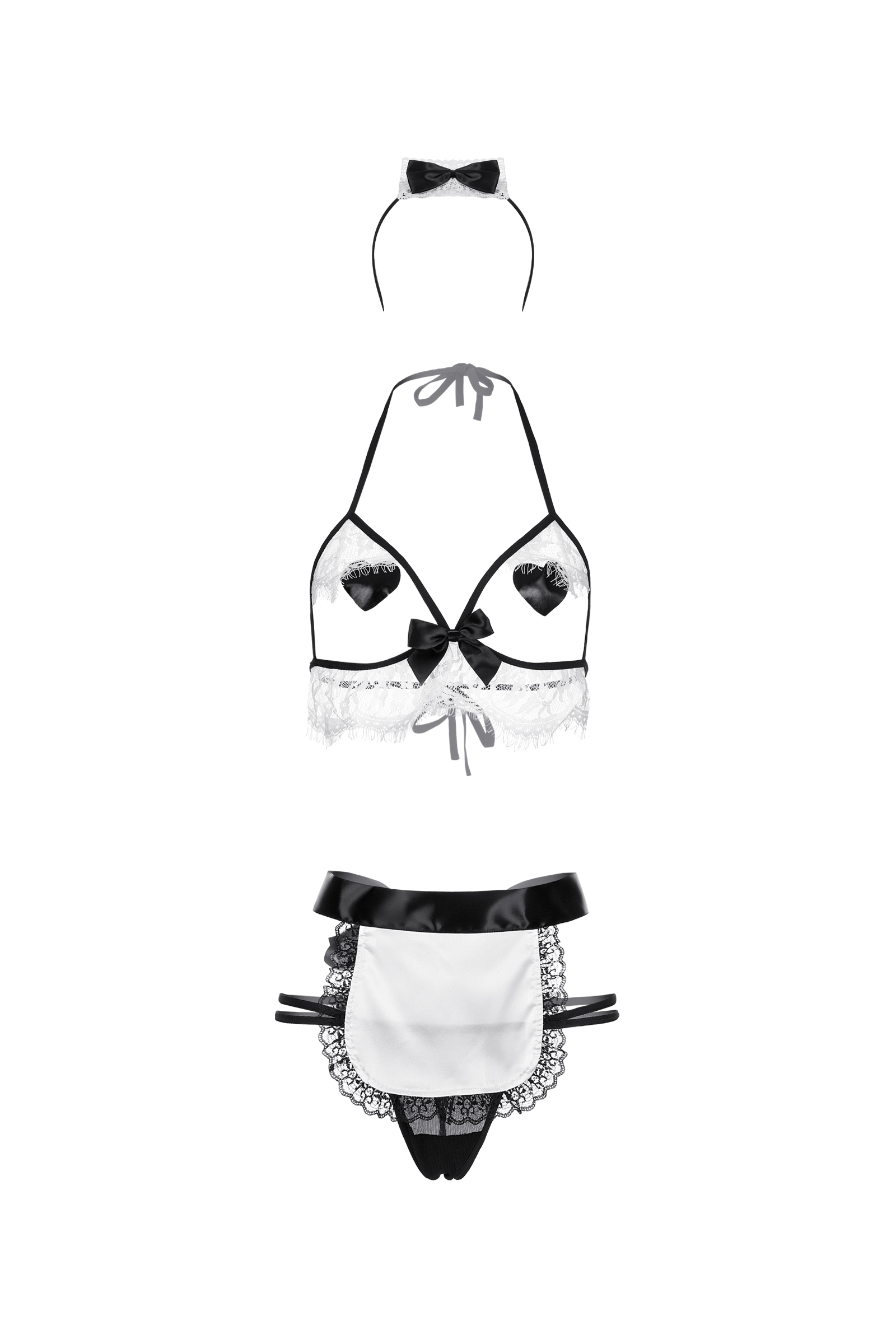 Костюм горничной Candy Girl Ciara (бюстгальтер,стринги,наклейки на грудь,фартук,головной убор), черн. Фото N3