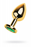 Анальная втулка Metal by TOYFA, металл, золотая, с зеленым кристаллом, 8 см, Ø 3,4 см, 85 г